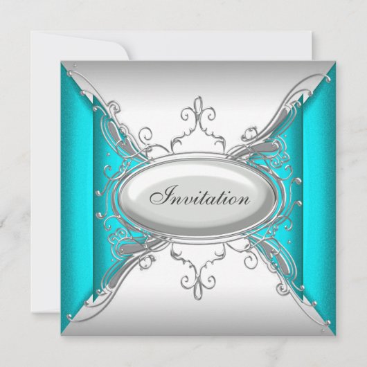 Invitation Fête Bleu Turquoise Argent (Devant)