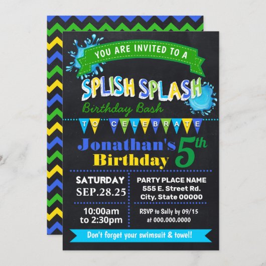 Invitation Fête bleue d'anniversaire de Splash Splish Chalkbo (Devant / Derrière)