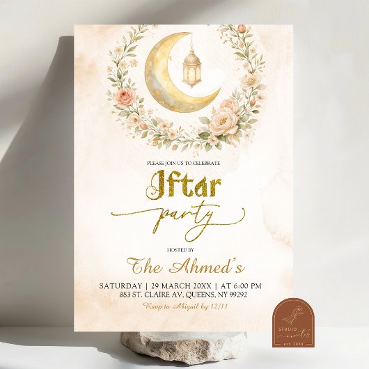 Invitation Fête Boho Beige Floral Crescent Ramadan Iftar