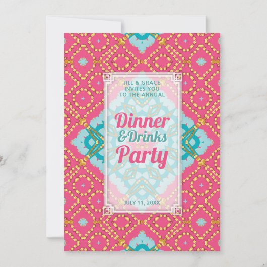 Invitation Fête Boho Chic de verres Dîner Rose sarcelle Or (Devant)