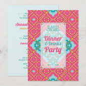 Invitation Fête Boho Chic de verres Dîner Rose sarcelle Or (Devant / Derrière)