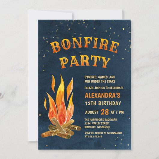 Invitation Fête Bonfire Aquarelle Bleu Orange Anniversaire (Devant)