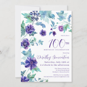 Invitation Fête botanique de couleur violet foncé 100e annive