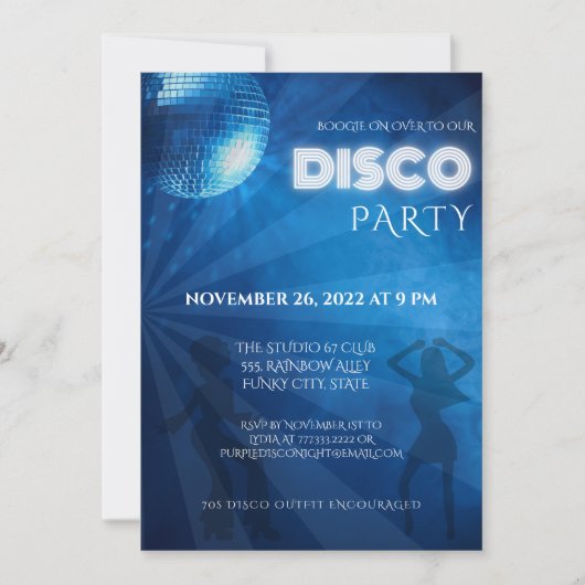 Invitation Fête boule disco bleu cool (Devant)