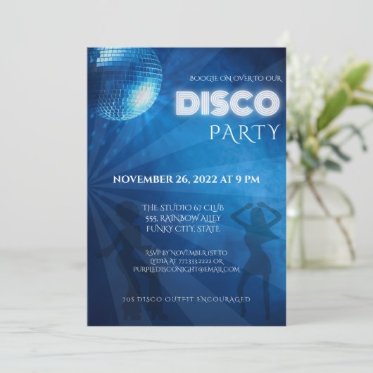 Invitation Fête boule disco bleu cool (Debout devant)