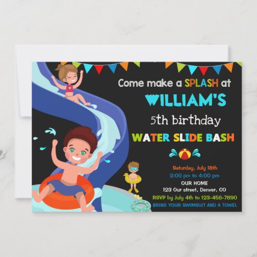 Invitation Fête Boy Pool pour anniversaire de toboggan (Devant)