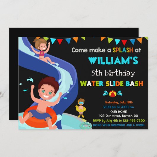 Invitation Fête Boy Pool pour anniversaire de toboggan (Devant / Derrière)