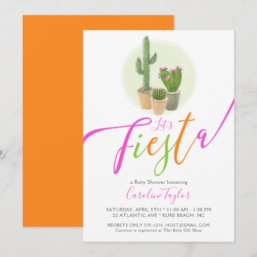 Invitation Fête Cactus Néon Rose Orange Baby Shower (Devant / Derrière)