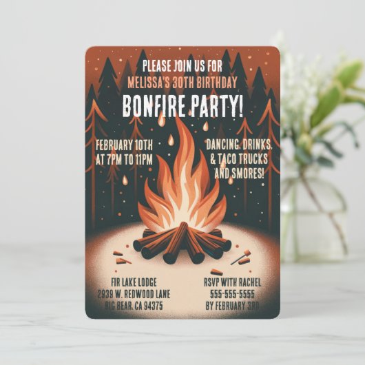 Invitation Fête chaleureuse au feu de bois dans un cadre bois (Debout devant)