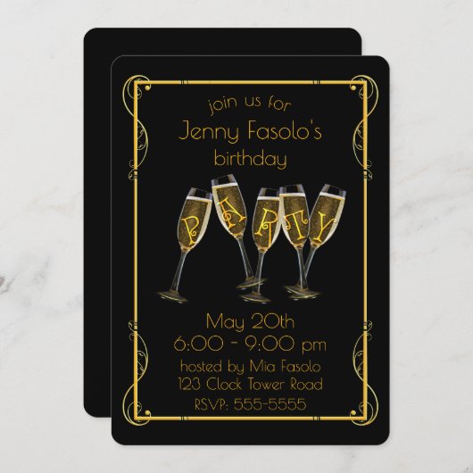 Invitation Fête Champagne Art Déco (Devant / Derrière)