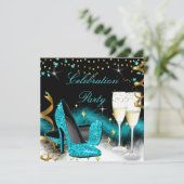 Invitation Fête Champagne Party Turquoise Bleu Haut talons (Debout devant)