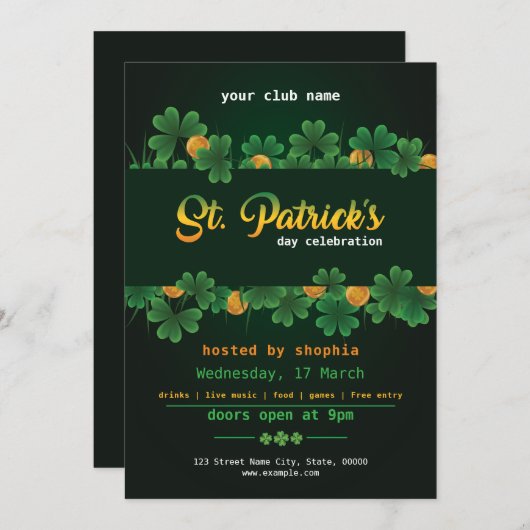 Invitation Fête chanceuse de la Saint-Patrick (Devant / Derrière)
