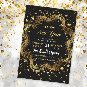 Invitation fête chic du nouvel an noir et or