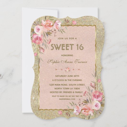 Invitation Fête Chic Glitter Doré Blush Floral Sweet Seize (Devant)