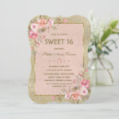 Invitation Fête Chic Glitter Doré Blush Floral Sweet Seize an (Debout devant)