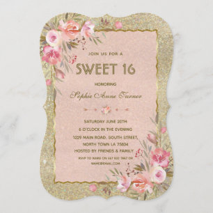 Invitation Fête Chic Glitter Doré Blush Floral Sweet Sixteen