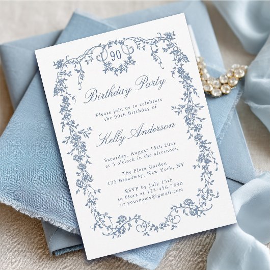Invitation Fête classique Blue Floral 90e anniversaire
