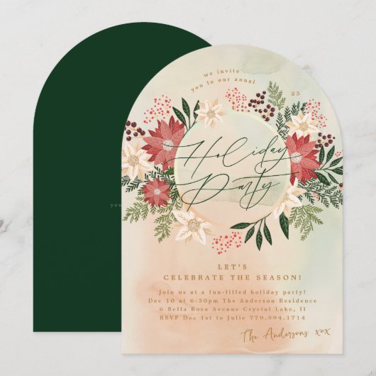Invitation Fête classique Poinsettia Arc de couronnes (Devant / Derrière)
