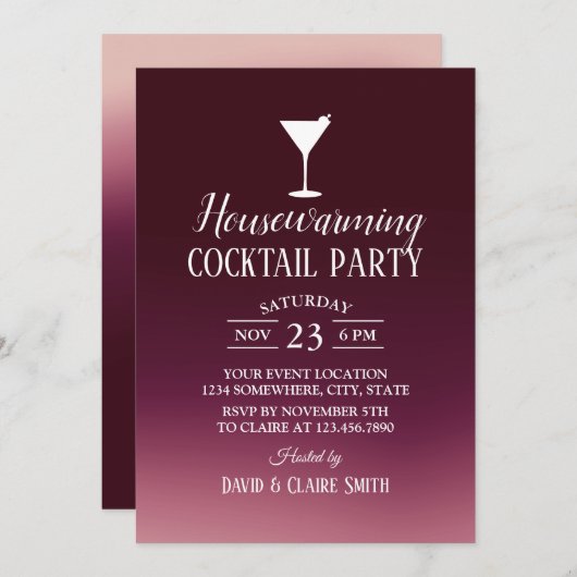 Invitation Fête Cocktail House Modern Burgundy Ombre (Devant / Derrière)