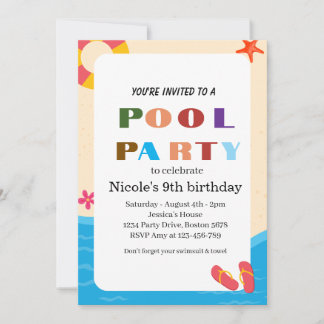 Invitation Fête Colorée au Bord de la Piscine Tropicale pour 