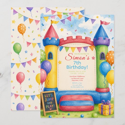 Invitation Fête Colorée avec Château Gonflable (Devant / Derrière)
