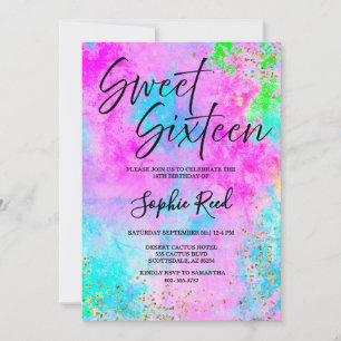 Invitation Fête Colorée Néon Aquarelle Sweet Sixteen