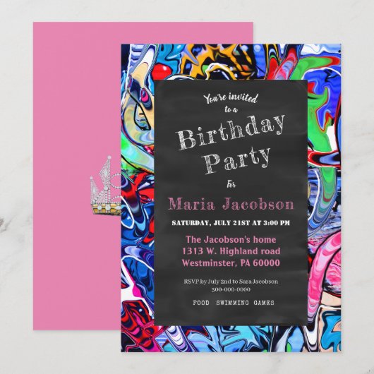 Invitation Fête Colorée sur Tableau Noir (Devant / Derrière)