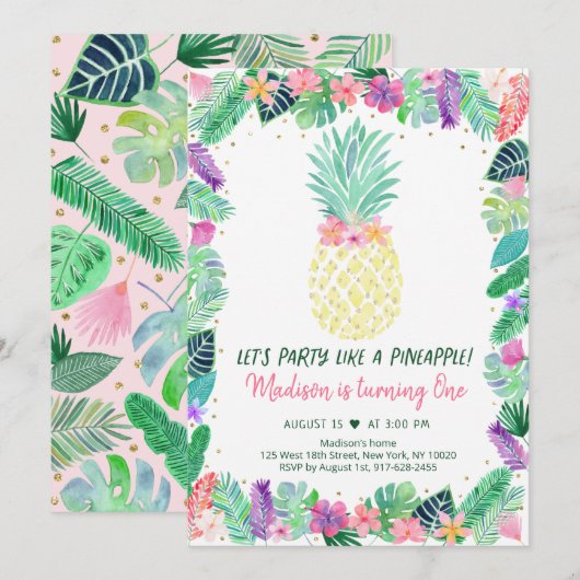 Invitation Fête comme un ananas Tropical Floral Anniversaire (Devant / Derrière)