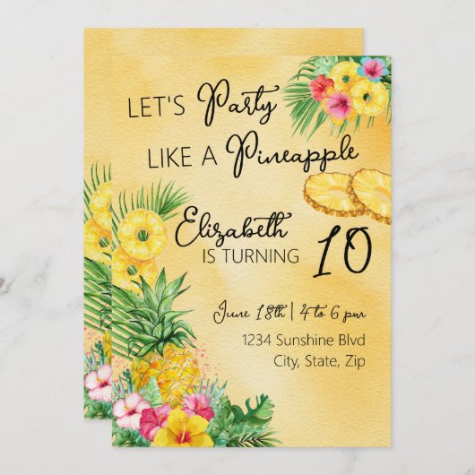 Invitation Fête comme un Anniversaire d'ananas (Devant / Derrière)