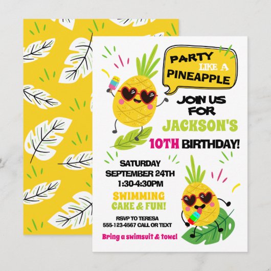 Invitation Fête comme un anniversaire tropical d'ananas (Devant / Derrière)