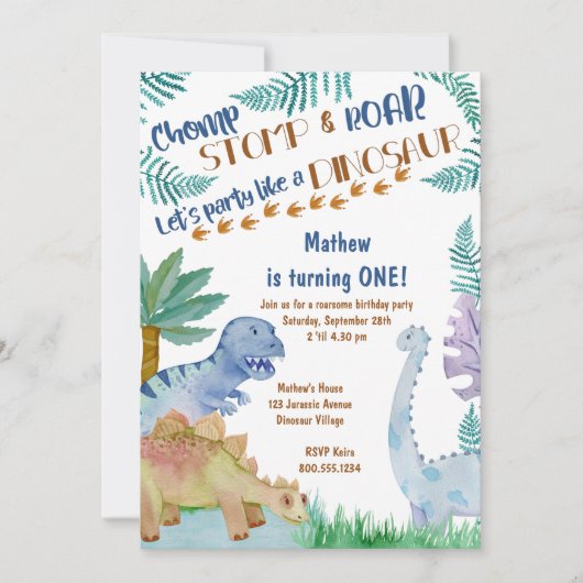 Invitation Fête comme un dinosaure garçons Anniversaire Invit (Devant)
