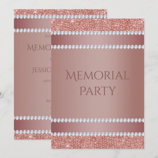 Invitation Fête commémorative Glitzy Rose Gold & Diamond Gem (Devant / Derrière)