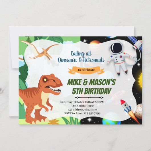 Invitation Fête conjointe d'astronautes dinosaures à fusée (Devant)