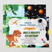 Invitation Fête conjointe d'astronautes dinosaures à fusée (Devant / Derrière)