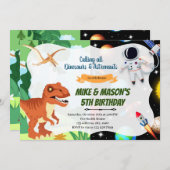 Invitation Fête conjointe des astronautes dinosaures en fusée (Devant / Derrière)