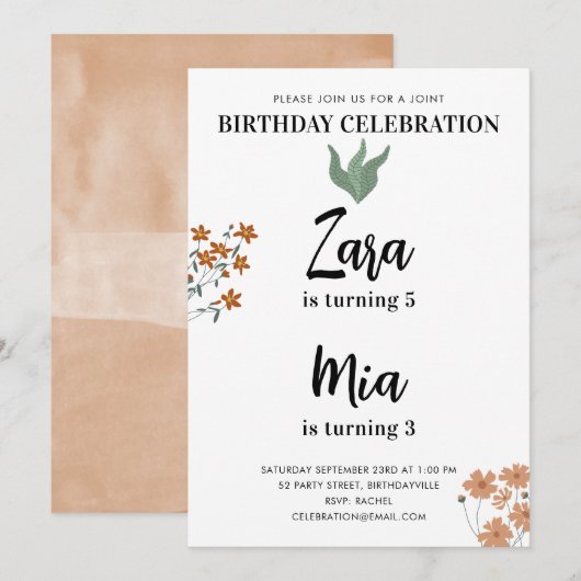 Invitation Fête conjointe double anniversaire aquarelle Boho (Devant / Derrière)