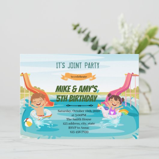 Invitation Fête conjointe garçons filles enfants au bord de l (Debout devant)