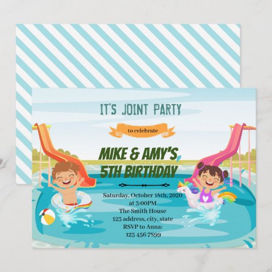 Invitation Fête conjointe garçons filles enfants au bord de l (Devant / Derrière)