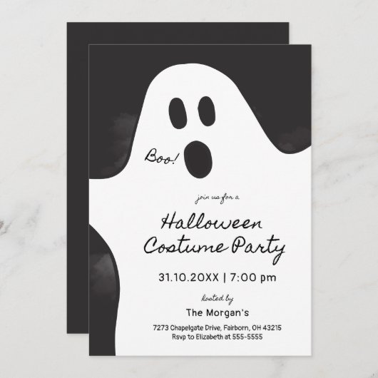Invitation Fête Costumée Black & White Ghost Halloween (Devant / Derrière)