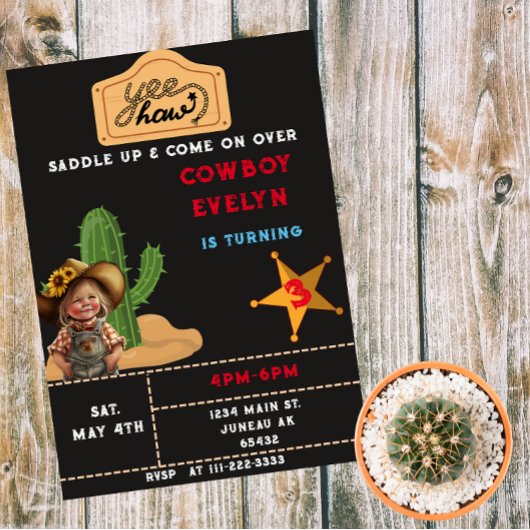 Invitation Fête Cowboy Cactus Anniversaire Fille