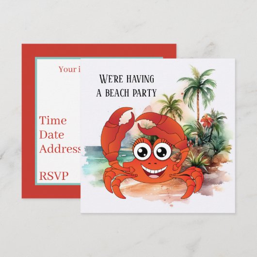 Invitation fête crabe de plage mignon (Devant / Derrière)