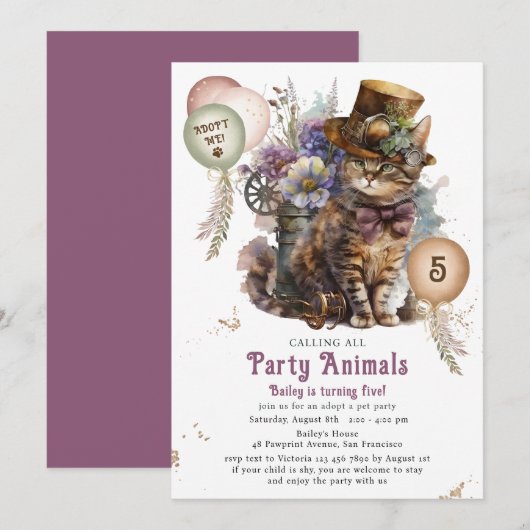 Invitation Fête d'adoption de chaton Steampunk pour 5 ans (Devant / Derrière)