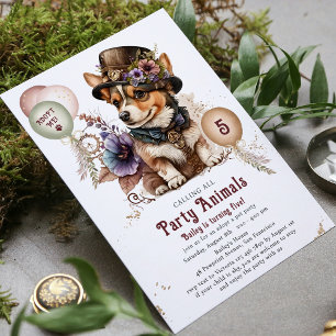 Invitation Fête d'adoption de chiot Steampunk pour 5ème anniv