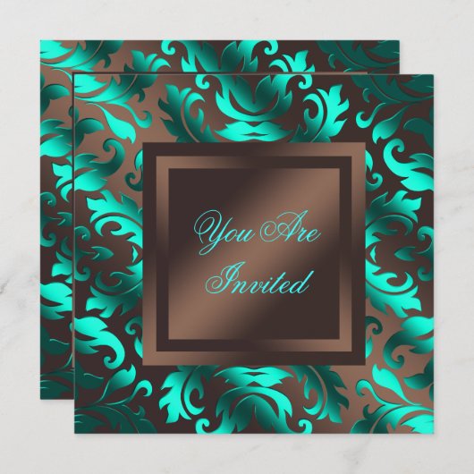 Invitation Fête damassée chocolat marron bleu aqua (Devant / Derrière)