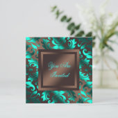 Invitation Fête damassée chocolat marron bleu aqua (Debout devant)