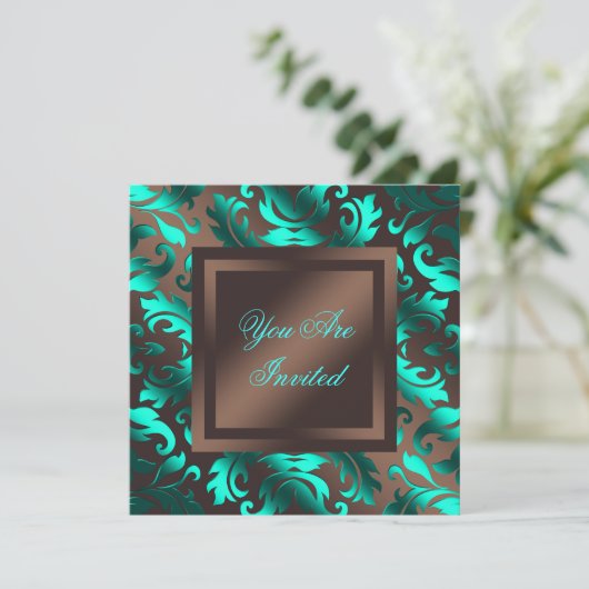 Invitation Fête damassée chocolat marron bleu aqua (Debout devant)