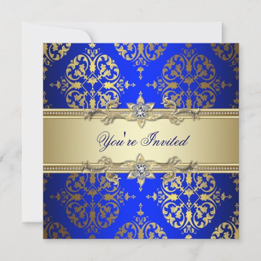 Invitation Fête damassée or et bleu (Devant)