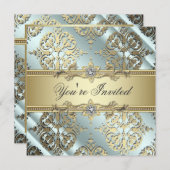 Invitation Fête damassée sarcelle noir or (Devant / Derrière)