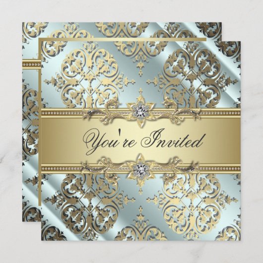 Invitation Fête damassée sarcelle noir or (Devant / Derrière)