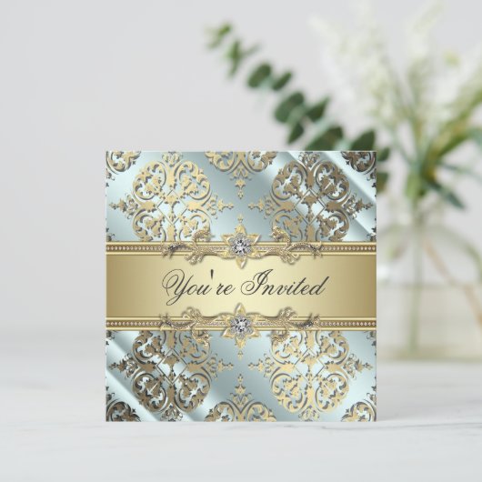 Invitation Fête damassée sarcelle noir or (Debout devant)